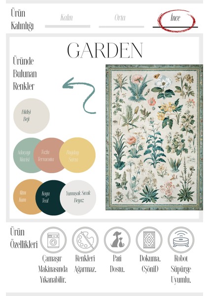 Garden 818 Bej Yeşil Botanik Çiçekli Halı Yıkanabilir Ince Dokuma Taban Salon Oturma Odası Halısı modelleri