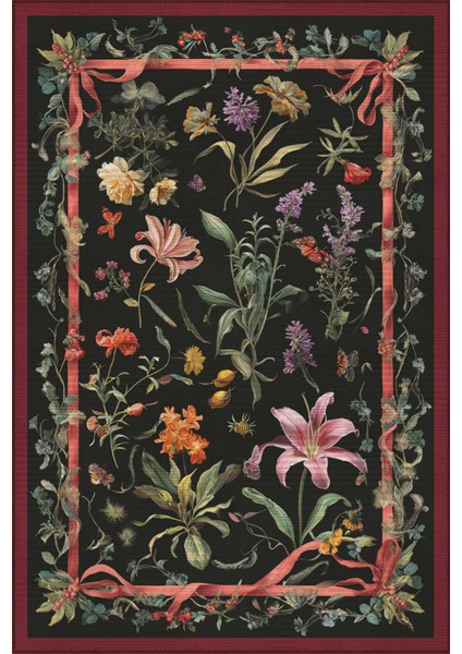 Fiora 225 Siyah Halı Çiçekli Halı Tasarım Halı Yıkanabilir Ince Dokuma Salon Ev Oturma Odası Halısı