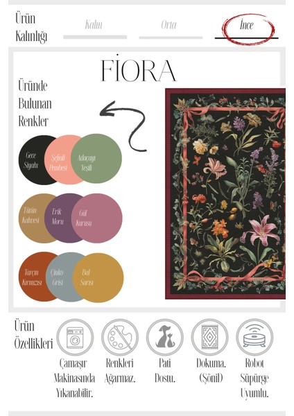 Fiora 225 Siyah Halı Çiçekli Halı Tasarım Halı Yıkanabilir Ince Dokuma Salon Ev Oturma Odası Halısı modelleri