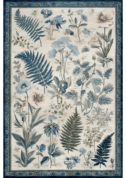 Garden 814 Bej Mavi Botanik Çiçekli Halı Yıkanabilir Ince Dokuma Taban Salon Oturma Odası Halısı fiyatları