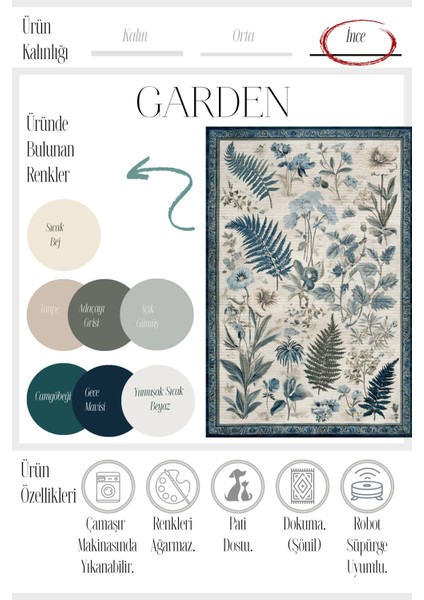 Garden 814 Bej Mavi Botanik Çiçekli Halı Yıkanabilir Ince Dokuma Taban Salon Oturma Odası Halısı modelleri