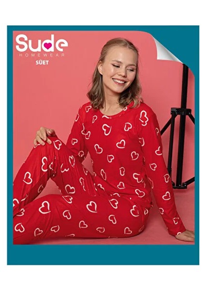 K301 Suet Bayan Uzun Kol Pijama Takımı-Kırmızı--