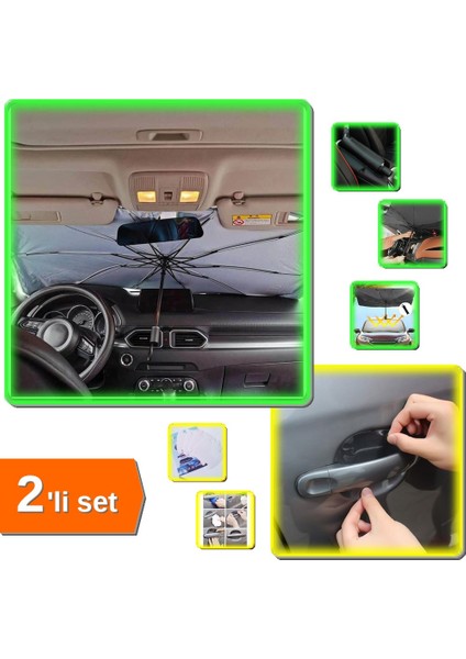 Araç Şemsiyesi Güneşlik Bütün Araçlara Uyumlu + 8 Adet Araba Kapı Kolu Koruyucu Film - 2li Set E9M5Q