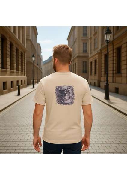 Kurukafa Baskılı Kemik Rengi Oversize Tişört – Unisex %100 Pamuk fiyatları