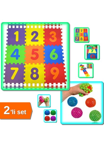 9 Parça Çocuk Sayılar Oyun Karosu Eva Puzzle Yer Matı + 2 Adet Beyin Şekilli Strees Topu - 2li Set C6