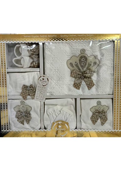 Erkek Bebek Kral Taç Desenli 11'li Hastane Çıkışı (Eldivenlerinde Kurdele Mevcut Değil)