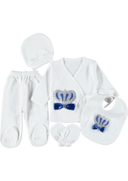 1/3 Ay Penye Taçlı Erkek 5'li Zıbın Seti Hastane Çıkışı %100 Pamuklu