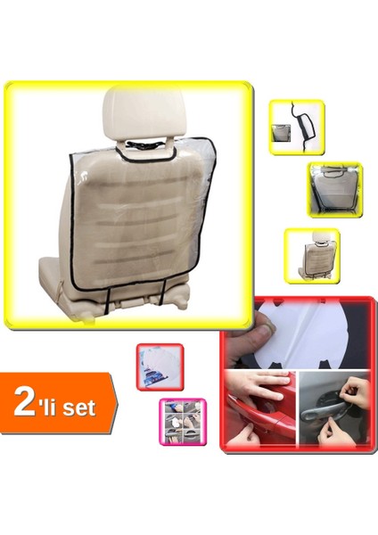 Şeffaf Araba Koltuk Arkası Koruyucu Kılıf 1 Adet + Kapı Kolu Koruyucu Sticker 8 Adet - 2li Set P0Q8R