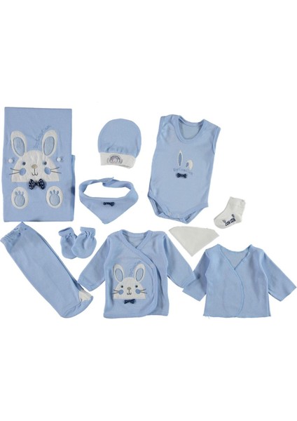 Apyonlu Tavşan Nakışlı 10'lu Zıbın Seti Hastane Çıkışı %100 Pamuklu