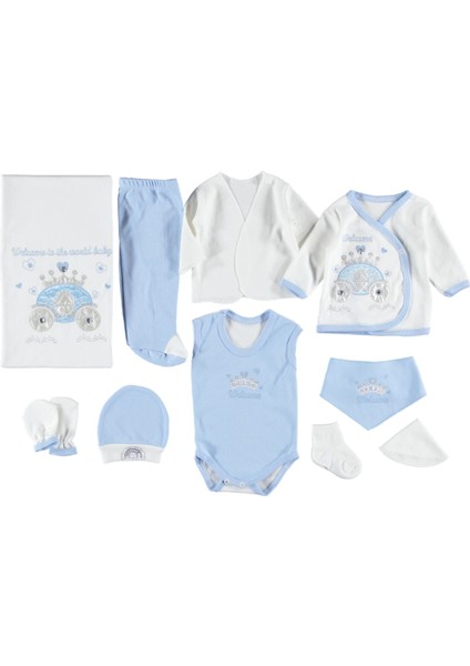 Saten Araba Nakışlı 10'lu Zıbın Seti Hastane Çıkışı %100 Pamuklu