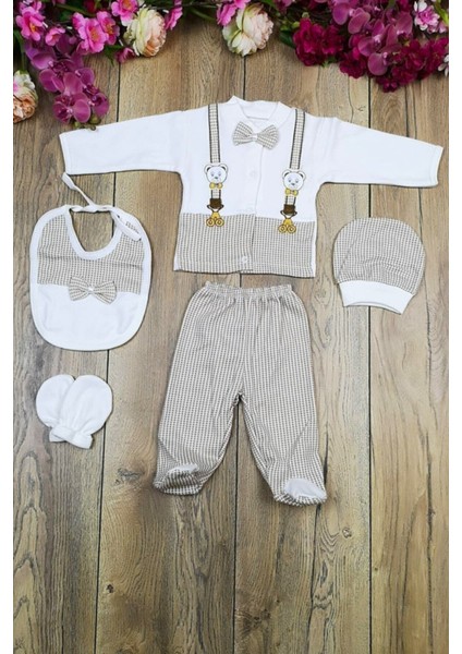 Papyonlu Ayıcıklı 5 Parça Lüks Erkek Askı Detaylı Hastane Çıkışı Zıbın Set