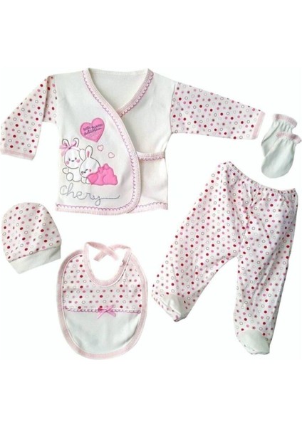 %100 Pamuk 5'li Pembe Kız Bebek Hastane Çıkışı Yenidoğan Zıbın Set