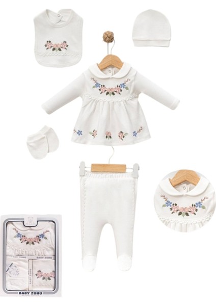 5 Lı Zıbın Seti Hastane Çıkış Pamuklu Naturel Fistolu Çiçekli Takım