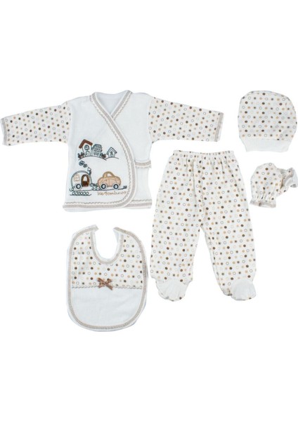 Yeni Doğan Bebek Kahve Araba Nakışlı Hastane Çıkışı 5'li Set