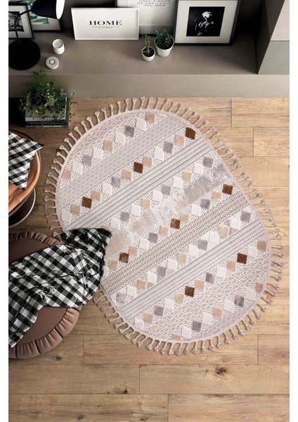 Enti Bonn 8807 Bej Oval Iskandinav Halı Salon Halısı Kesme Halı Yolluk