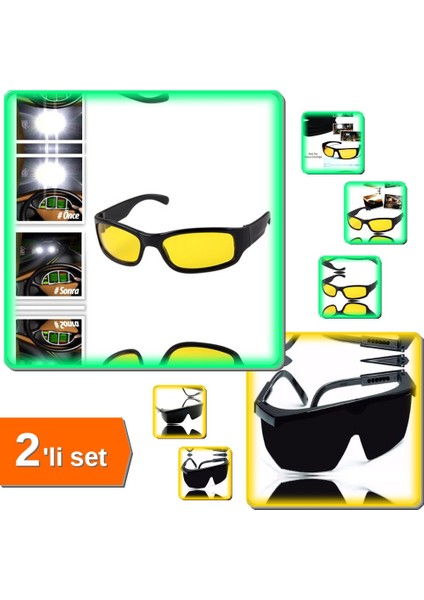 Anti Far Gece Görüş Gözlüğü + Korumalı Laboratuvar Gözlüğü - Çapak Gözlüğü - Siyah - 2li Set D1F9K2