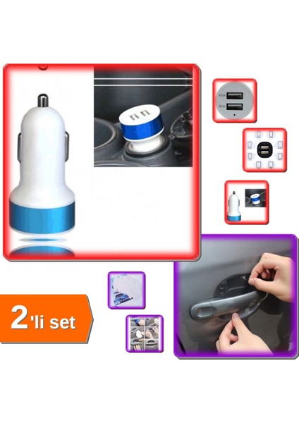 Çift USB Girişli 2.1 Amp Araç Çakmak Soketi + 8 Adet Araba Kapı Kolu Koruyucu Sticker Seti - 2li Set Q8B1R9