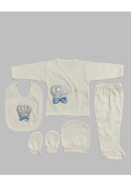 O Bebe Erkek Taşlı 5li Hastane Çıkışı Zıbın Set Mavi