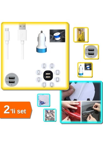 Çift USB Girişli 3.1 Çıkışlı Seyahat Seti + 8 Adet Kapı Kolu Çizilme Önleyici Şeffaf - 2li Set