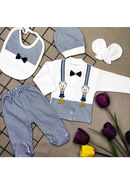 Papyonlu Ayıcıklı 5 Parça Lüks Erkek Askı Detaylı Hastane Çıkışı Zıbın Set