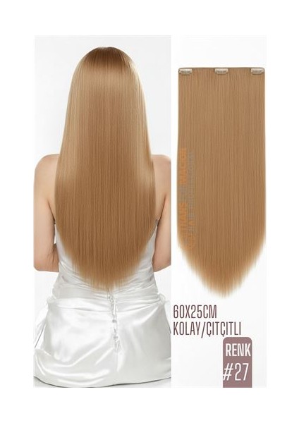 Doğal Görünümlü Düz Siyah Sentetik Kaynak Saç – Renk Kod:#27 Kolay Tak Çıkar Işıltılı Etki!