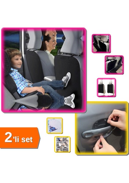 Araba Koltuk Arkası Koruyucu 2 Adet Siyah Kılıf + Şeffaf Kapı Kolu Koruyucu 8 Adet - 2li Set U2X8M6