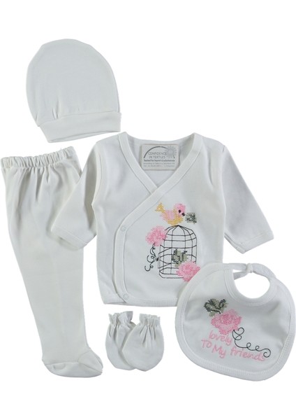 Missimosi Kanaviçe Kafes Işlemeli 5'li Kız Zıbın Seti Hastane Çıkışı (%100PAMUKLU) (Hediye Paketli)