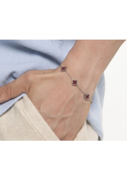 Çelik Bileklik Dört Yapraklı Küçük Yonca Bordo Sedef Taşlı Uzunluk 18 cm Gümüş