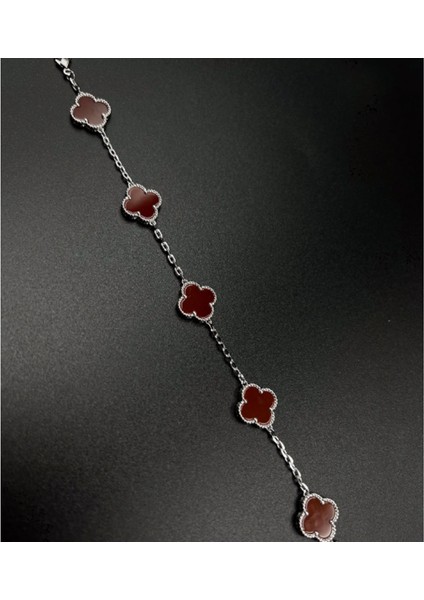 Çelik Bileklik Dört Yapraklı Küçük Yonca Bordo Sedef Taşlı Uzunluk 18 cm Gümüş fiyatları