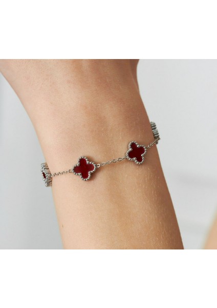 Çelik Bileklik Dört Yapraklı Küçük Yonca Bordo Sedef Taşlı Uzunluk 18 cm Gümüş modelleri
