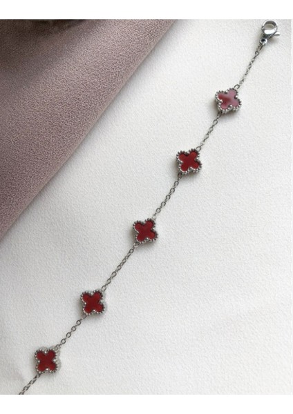 Çelik Bileklik Dört Yapraklı Küçük Yonca Bordo Sedef Taşlı Uzunluk 18 cm Gümüş fırsatları