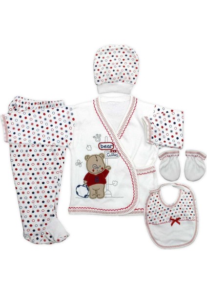 Kırmızı Puanlı Şapkalı Ayıcıklı Yenidoğan Bebek 5 Li Hastane Çıkışı Seti K2273