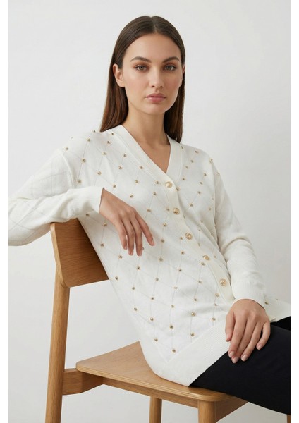 Kadın Merserize Baklava Desen Hırka Ekru