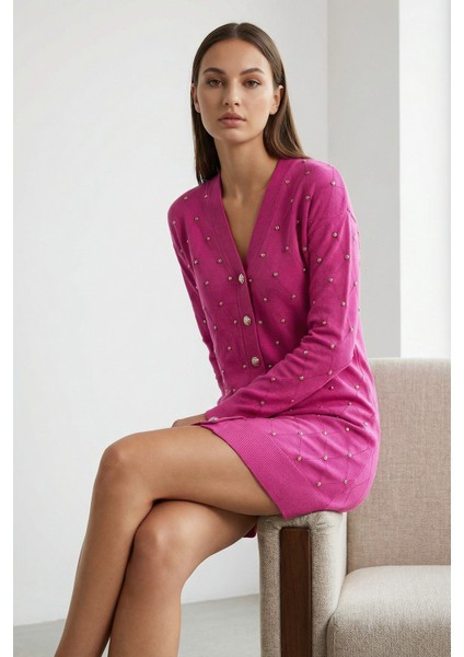 Kadın Merserize Baklava Desen Hırka Pembe