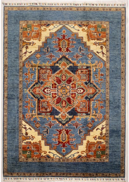 El Dokuma Afgan Halı Heriz Desenli Mavi Renk 3 Metre Kare