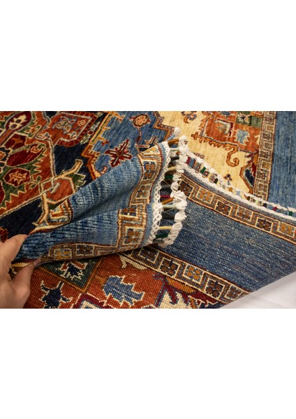 El Dokuma Afgan Halı Heriz Desenli Mavi Renk 3 Metre Kare