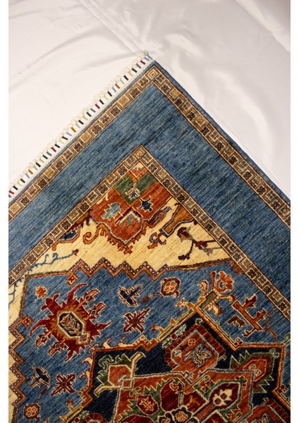 El Dokuma Afgan Halı Heriz Desenli Mavi Renk 3 Metre Kare