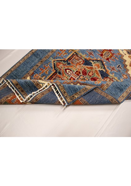 El Dokuma Afgan Halı Heriz Desenli Mavi Renk 3 Metre Kare