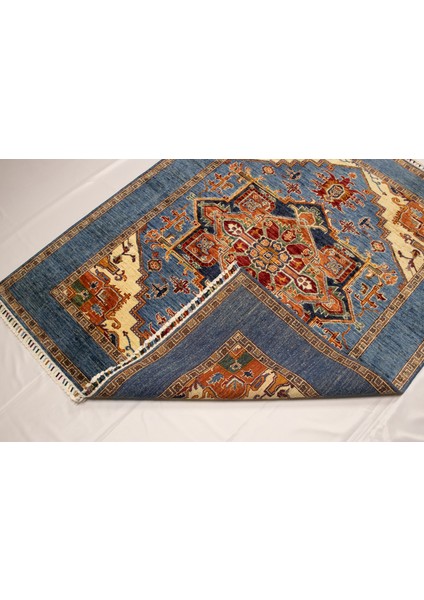 El Dokuma Afgan Halı Heriz Desenli Mavi Renk 3 Metre Kare