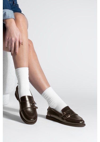 Kadın Loafer Çift Bantlı Makosen Tokalı Günlük Ayakkabı Ovora Kahve fiyatları