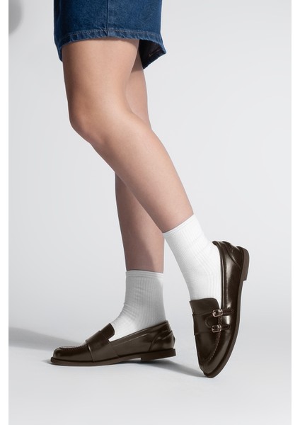 Kadın Loafer Çift Bantlı Makosen Tokalı Günlük Ayakkabı Ovora Kahve fırsatları