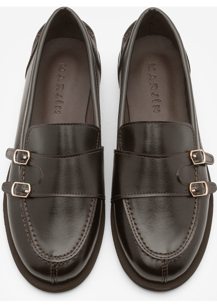 Kadın Loafer Çift Bantlı Makosen Tokalı Günlük Ayakkabı Ovora Kahve