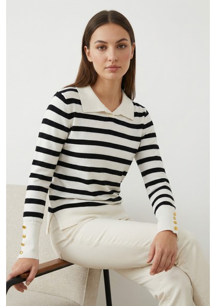 Kadın Polo Yaka Çizgili Kazak Ekru