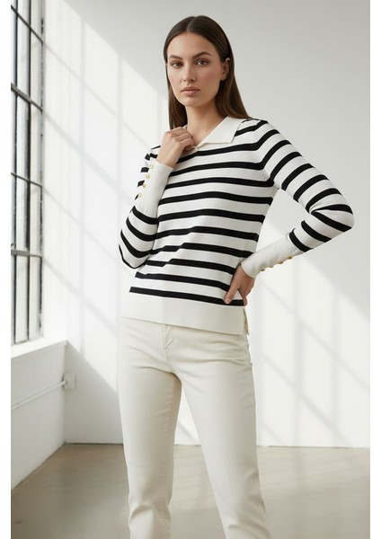 Kadın Polo Yaka Çizgili Kazak Ekru fiyatları