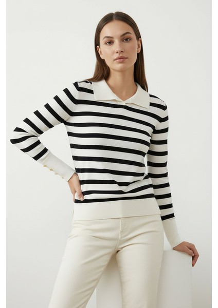 Kadın Polo Yaka Çizgili Kazak Ekru modelleri