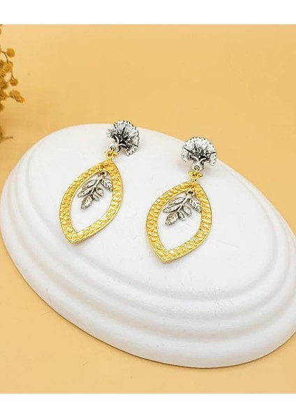 Altın Kaplama Çift Renk Yaprak Model Küpe