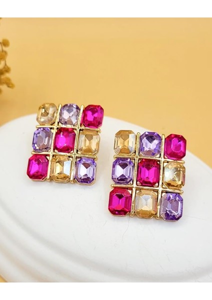 Fuşya Mozaik Işıltılı Taşlı Küpe