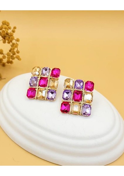 Fuşya Mozaik Işıltılı Taşlı Küpe fiyatları