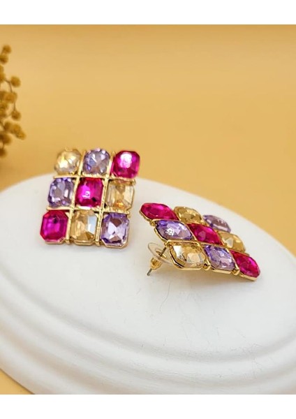 Fuşya Mozaik Işıltılı Taşlı Küpe fırsatları