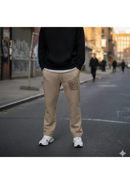 Kurukafa Baskılı Camel Eşofman Altı – Unisex %100 Pamuk 3 Iplik Şardonlu